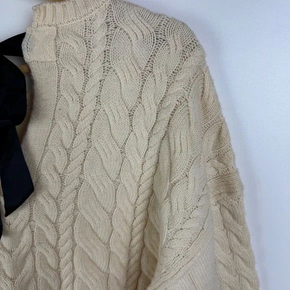 J Crew Tie Back Cable Knit Sweater Small Cream Wool Pullover Fisherman Preppy - Picture 4 of 12